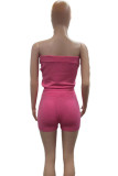 Rose Red Sweet Solid Patchwork Draw String Strapless Sleeveless Two Pieces