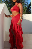 Red Sexy Solid Bandage Backless Asymmetrical Spaghetti Strap Sleeveless Two Pieces