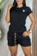 Black Casual Letter Patchwork Draw String Three-dimensional Pattern O Neck Short Sleeve Two Pieces