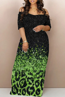 Green Casual Gradient Geometric Print Contrast Off the Shoulder Printed Dresses