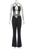 Black Sexy Solid Bandage Hollowed Out Backless Halter Skinny Jumpsuits