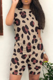 Coral Powder Casual Leopard Patchwork O Neck Short Sleeve Two Pieces