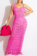 Rose Red Sexy Solid Tassel Patchwork See-through Backless Swimwears Cover Up