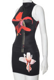 Black Sexy Street Print Patchwork O Neck Sleeveless Two Pieces