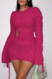 Pink Casual Solid Hollowed Out O Neck Long Sleeve Dresses