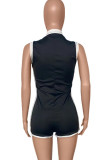Pink Elegant Patchwork Contrast Zipper Zipper Collar Skinny Rompers