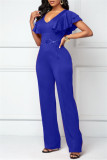 Green Casual Solid Patchwork V Neck Regular Jumpsuits