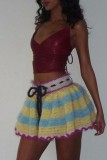 Blue Casual Patchwork Frenulum Contrast Regular Mid Waist Conventional Patchwork Skirt