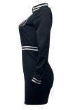 Black Sexy Letter Patchwork Zipper Zipper Collar Wrapped Skirt Dresses