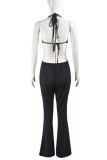 Black Sexy Solid Bandage Hollowed Out Backless Halter Skinny Jumpsuits