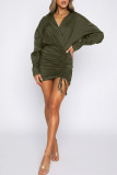 Coffee Casual Solid Patchwork Draw String Fold V Neck Wrapped Skirt Dresses