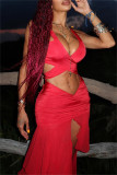 Red Sexy Solid Bandage Backless Asymmetrical Spaghetti Strap Sleeveless Two Pieces