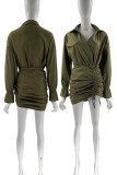 Coffee Casual Solid Patchwork Draw String Fold V Neck Wrapped Skirt Dresses