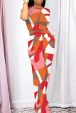 Light Yellow Casual Geometric Print Pocket Contrast O Neck Short Sleeve Two Pieces
