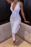 White Sexy Solid Fold V Neck Skinny Jumpsuits