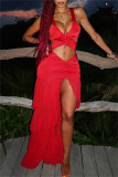 Red Sexy Solid Bandage Backless Asymmetrical Spaghetti Strap Sleeveless Two Pieces