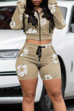 Khaki Casual Street Print Patchwork Frenulum Zipper Hooded Collar Long Sleeve Two Pieces