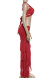 Red Sexy Solid Bandage Backless Asymmetrical Spaghetti Strap Sleeveless Two Pieces