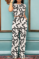White Black Casual Print Pocket O Neck Short Sleeve Two Pieces