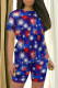 Blue Casual Print Patchwork O Neck Short Sleeve Two Pieces