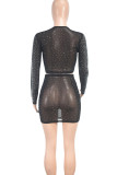 Black Celebrities Patchwork See-through Hot Drill O Neck Long Sleeve Two Pieces