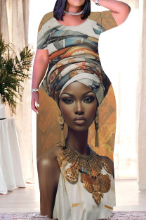Orange Brown Casual Print Basic V Neck Long Dress Dresses