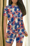 Blue Red Casual Print Patchwork O Neck Short Sleeve Two Pieces