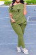 Army Green Casual Letter Buckle Fold Off the Shoulder Short Sleeve Two Pieces