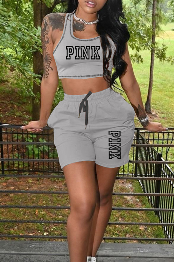 Grey Casual Sportswear Letter Print Draw String Pocket U Neck Sleeveless Two Pieces