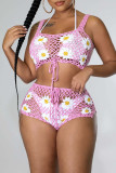 Green Casual Floral Bandage Hollowed Out Patchwork See-through Backless Square Collar Sleeveless Two Pieces