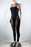 Black Street Solid Patchwork See-through Backless Spaghetti Strap Skinny Jumpsuits