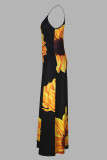 Black Yellow Elegant Print Patchwork Backless Spaghetti Strap Sling Dresses