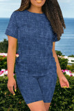 Blue Casual Print Patchwork O Neck Short Sleeve Two Pieces