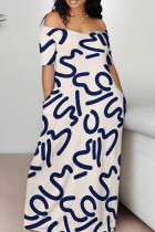 White Blue Casual Print Backless Off Shoulder Long Dresses