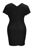 Black Elegant Patchwork Pearl Zipper V Neck Pencil Skirt Plus Size Dresses
