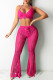 Rose Red Sexy Solid Bandage Hollowed Out See-through Backless Weave Halter Sleeveless Two Pieces