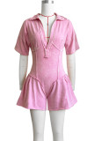 Pink Street Ruffle V Neck Loose Rompers