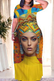 Yellow Casual Print Basic V Neck Long Dress Dresses