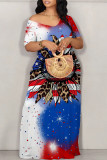 Multicolor Casual Mixed Printing Letter American Flag Flowers Off the Shoulder Printed Dresses