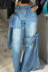 Blue Casual Solid Patchwork High Waist Regular Denim Jeans