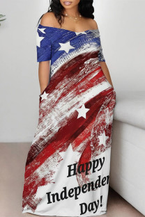 Letter Print Casual Mixed Printing Letter American Flag Flowers Off the Shoulder Printed Dresses