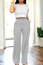White Casual Dot Patchwork Pocket O Neck Short Sleeve Two Pieces