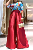 Red Elegant Print Patchwork V Neck Half Sleeve Two Pieces