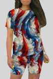 Blue Red Casual Print Patchwork O Neck Short Sleeve Two Pieces
