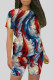 Blue Red Casual Print Patchwork O Neck Short Sleeve Two Pieces