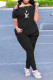 Black Casual Letter Buckle Fold Off the Shoulder Short Sleeve Two Pieces