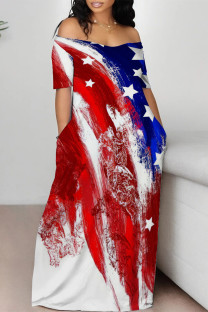 White Blue Red Casual Mixed Printing Letter American Flag Flowers Off the Shoulder Printed Dresses