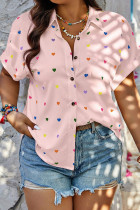 Light Pink Sweet Heart Shaped Patchwork Buckle Turndown Collar Plus Size Tops