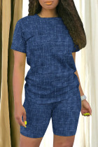 Blue Casual Print Patchwork O Neck Short Sleeve Two Pieces