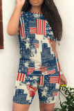 Blue Red Casual Print Patchwork O Neck Short Sleeve Two Pieces
